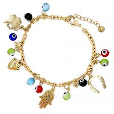 Stainless Steel Gold PVD Bracelet w/ Evil Eye and Hamsa Charms